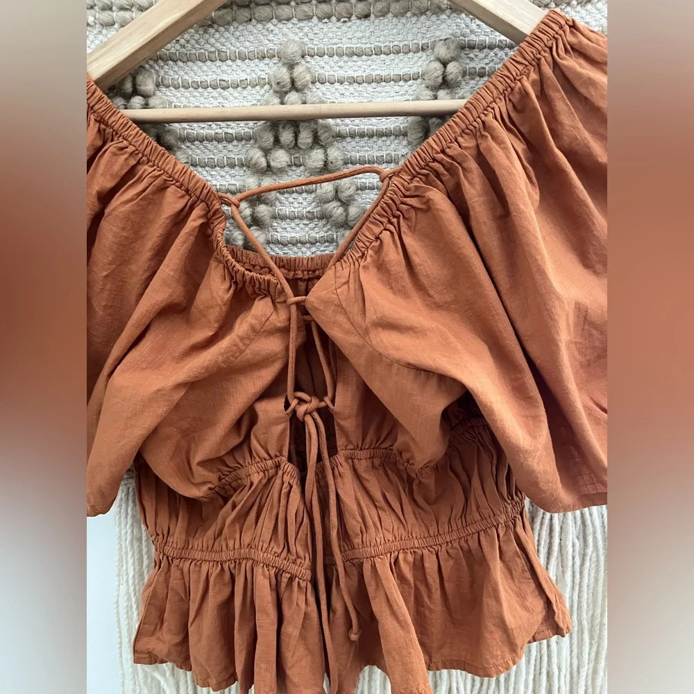 Free People Rust Puff Sleeve Blouse